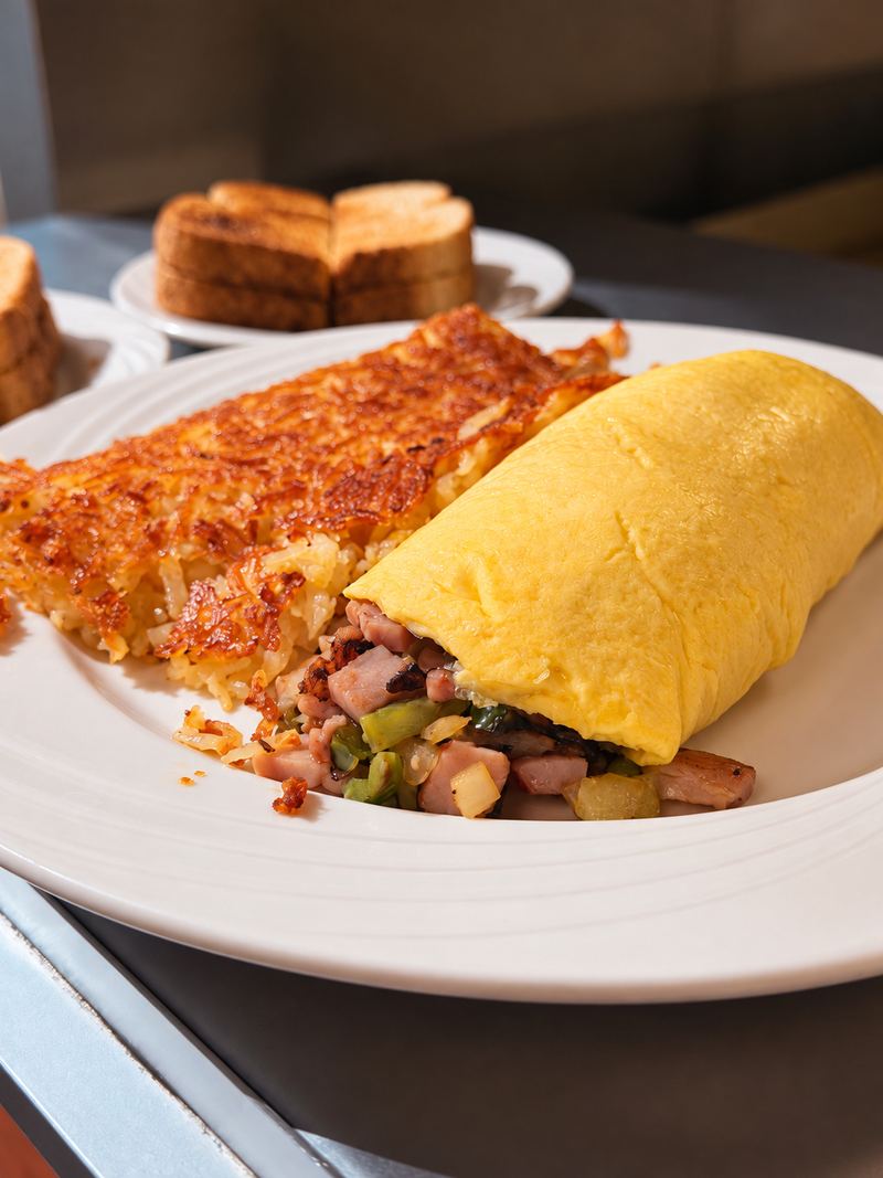 Golden three-egg omelette filled with ham, green pepper and onion, next to crispy homemade hash browns, with toast behind